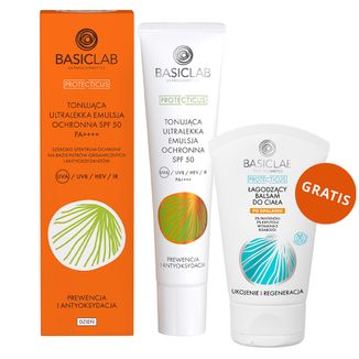 BasicLab Protecticus, tonująca ultralekka emulsja ochronna, SPF 50, 40 ml + łagodzący balsam do ciała po opalaniu, 30 ml gratis - zdjęcie produktu