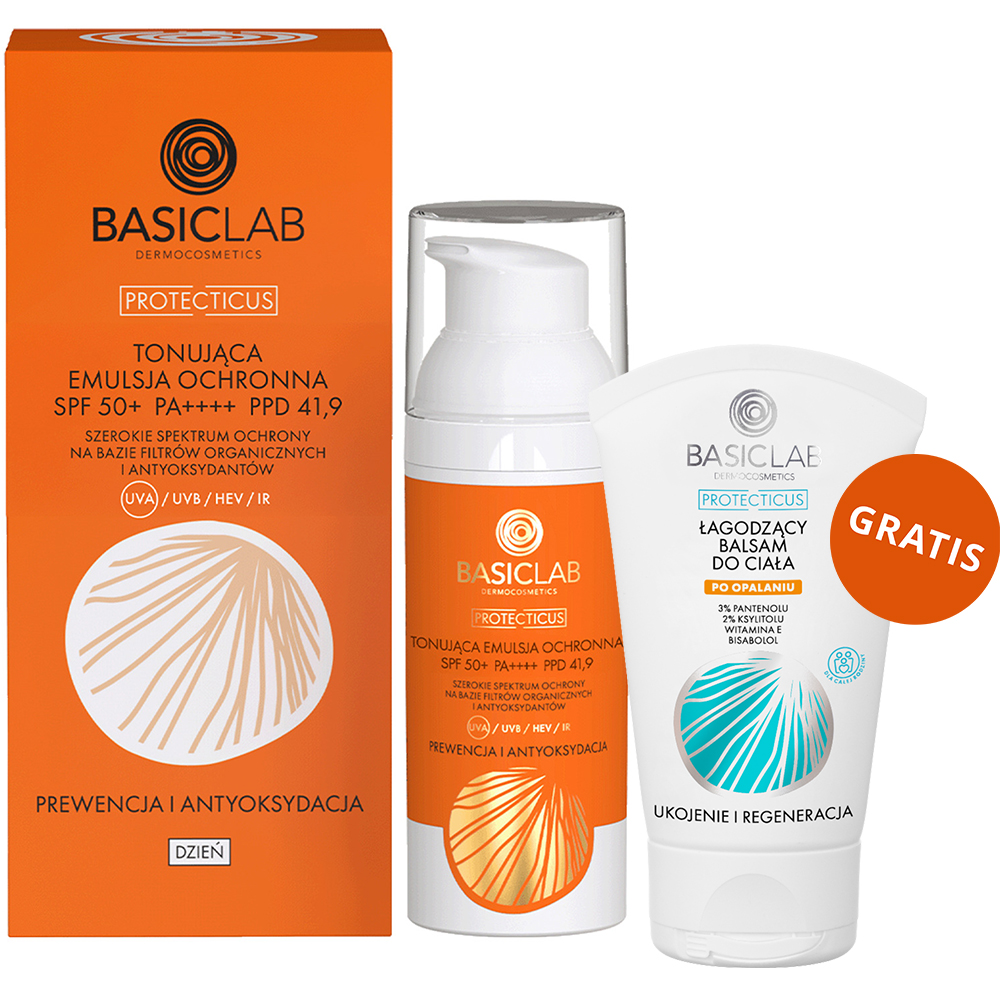 Basiclab BasicLab Protecticus, tonująca emulsja ochronna, prewencja i antyoksydacja, SPF 50+, 50 ml + łagodzący balsam do ciała po opalaniu, 30 ml gratis