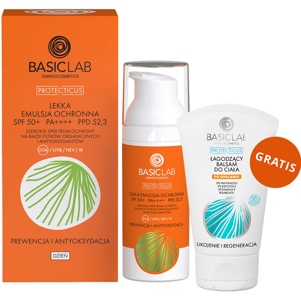 Basiclab BasicLab Protecticus, lekka emulsja ochronna, prewencja i antyoksydacja, SPF 50+, 50 ml + łagodzący balsam do ciała po opalaniu, 30 ml gratis