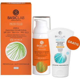 BasicLab Protecticus, lekka emulsja ochronna, prewencja i antyoksydacja, SPF 50+, 50 ml + łagodzący balsam do ciała po opalaniu, 30 ml gratis - zdjęcie produktu