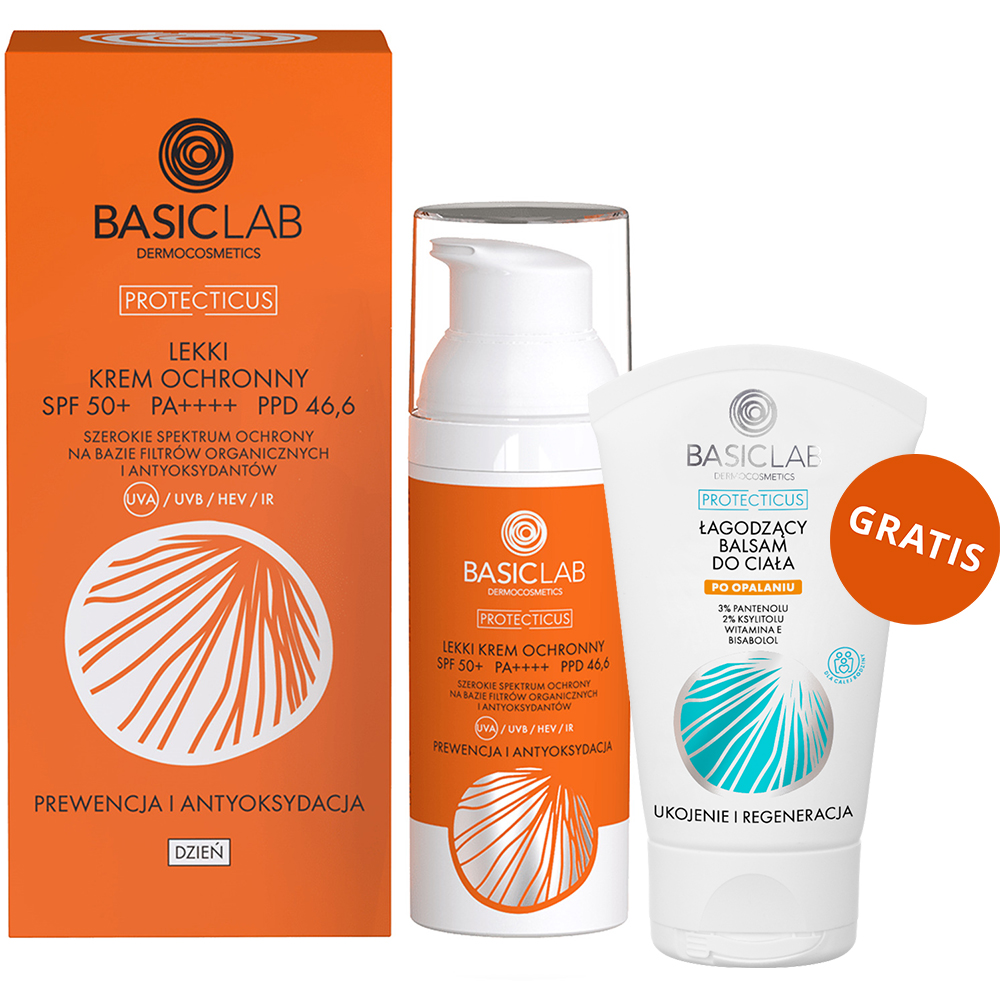 Basiclab BasicLab Protecticus, lekki krem ochronny, prewencja i antyoksydacja, SPF 50+, 50 ml + łagodzący balsam do ciała po opalaniu, 30 ml gratis
