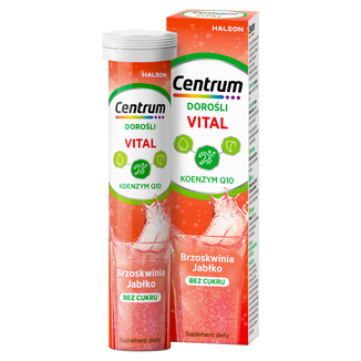 Centrum Vital Dorośli, koenzym Q10, smak brzoskwiniowo-jabłkowy, 20 tabletek musujących Centrum Vital Dorośli, koenzym Q10, smak brzoskwiniowo-jabłkowy, 20 tabletek musujących - zdjęcie produktu