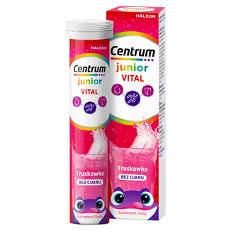 Centrum Vital Junior, dla dzieci od 4 lat, smak truskawkowy, 20 tabletek musujących Centrum Vital Junior, dla dzieci od 4 lat, smak truskawkowy, 20 tabletek musujących - zdjęcie produktu