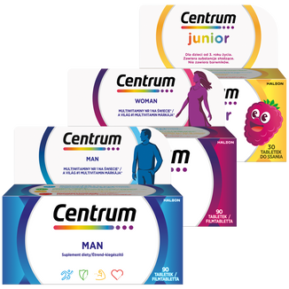 Zestaw Centrum Junior dla dzieci od 3 lat, smak cytrynowo-malinowy, 30 tabletek do ssania + Woman, 90 tabletek + Man, 90 tabletek - zdjęcie produktu