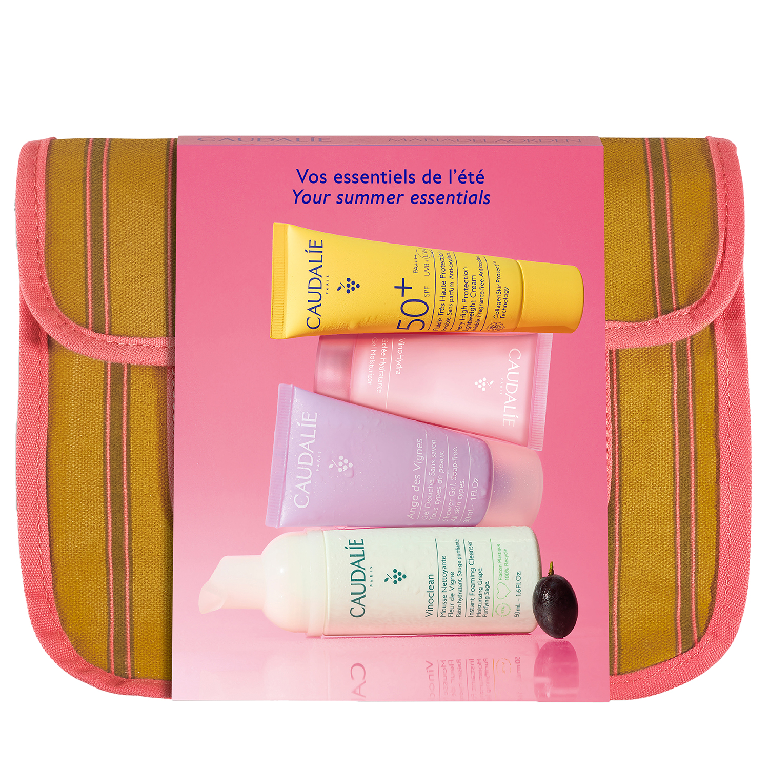Nieznana Zestaw Caudalie Kosmetyczka Letnia, pianka oczyszczająca, 50 ml + żel pod prysznic, 30 ml + żel do twarzy, 20 ml + krem ochronny, SPF 50+, 15 ml