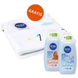 Zestaw Nivea Baby, mleczko nawilżające, delikatna pielęgnacja, od 1 dnia życia, 500 ml + płyn do mycia, łagodna kąpiel, 450 ml + Jak rosnę, kocyk z miarką gratis - miniaturka zdjęcia produktu