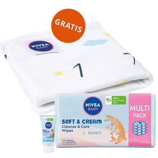 Zestaw Nivea Baby Soft&Cream, chusteczki nawilżane, biodegradowalne, 4 x 57 sztuk + krem ochronny na każdą pogodę, od 1 dnia życia, 50 ml + Jak rosnę, kocyk z miarką gratis - zdjęcie produktu