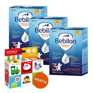 Zestaw Bebilon Advance Pronutra 3 Junior, odżywcza formuła na bazie mleka, po 1 roku, 3 x 1000 g + CzuCzu Kontrasty na sznureczku, książeczka dla dzieci, 6-9 miesięcy gratis - zdjęcie produktu