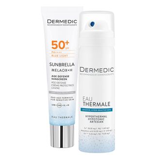 Zestaw Dermedic Sunbrella Age Defense, lekki krem ochronny do twarzy, skóra z widocznymi oznakami starzenia, SPF 50+, 40 ml + woda termalna, 50 ml Zestaw Dermedic Sunbrella Age Defense, lekki krem ochronny do twarzy, skóra z widocznymi oznakami starzenia, SPF 50+, 40 ml + woda termalna, 50 ml - zdjęcie produktu