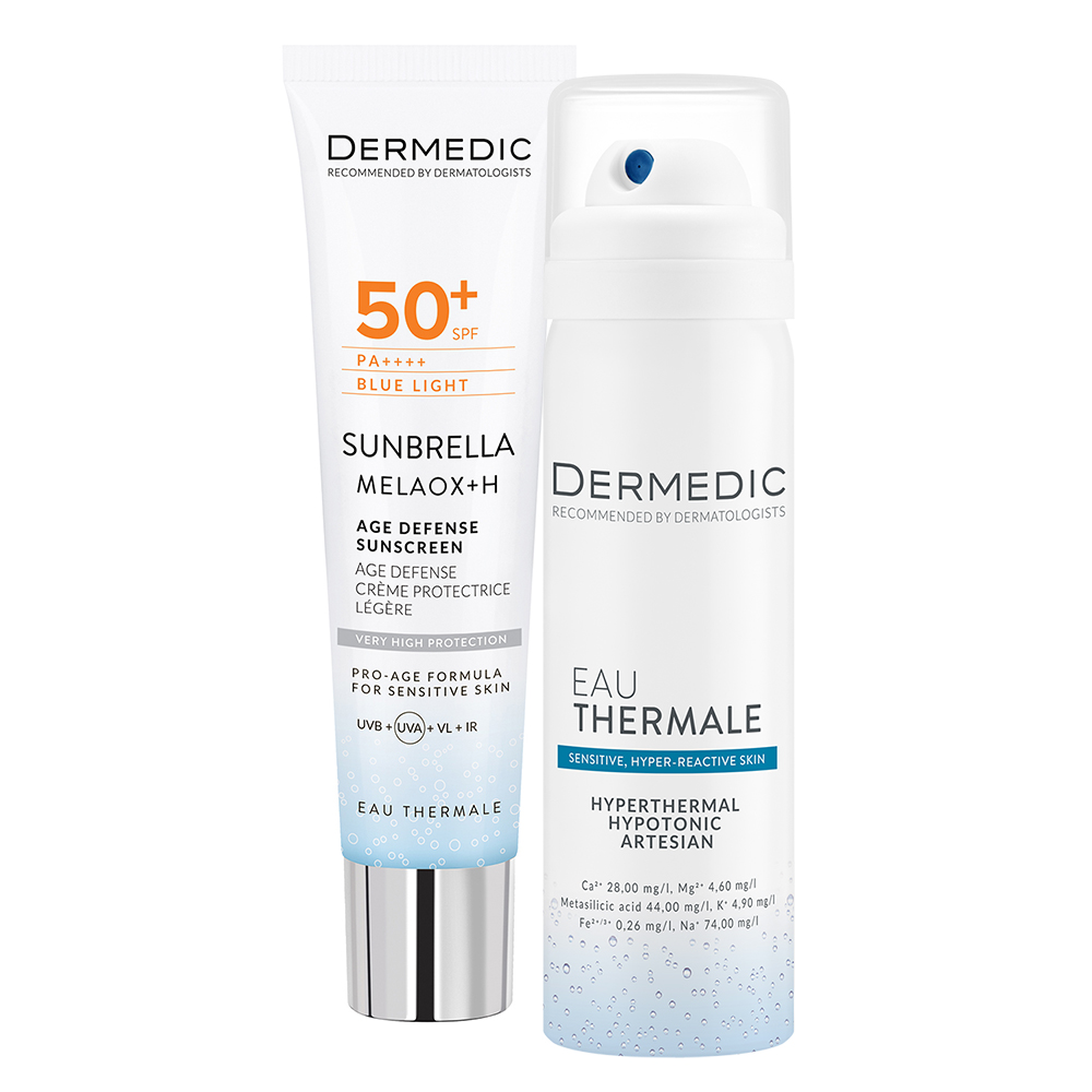 Набор Dermedic Sunbrella Age Defense: солнцезащитный крем для лица SPF 50+ 40 мл и термальная вода 50 мл