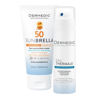 Zestaw Dermedic Sunbrella Baby, krem ochronny dla dzieci i niemowląt, skóra wrażliwa, SPF 50, 50 g + woda termalna, 50 ml - zdjęcie produktu