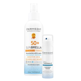 Zestaw Dermedic Sunbrella Baby, mleczko ochronne w sprayu dla dzieci powyżej 6 miesiąca, do twarzy i ciała, SPF 50+, 150 ml + woda termalna, 50 ml - zdjęcie produktu