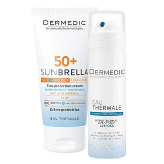 Zestaw Dermedic Sunbrella, krem ochronny do twarzy, skóra sucha i normalna, SPF 50+, 50 g + woda termalna, 50 ml Zestaw Dermedic Sunbrella, krem ochronny do twarzy, skóra sucha i normalna, SPF 50+, 50 g + woda termalna, 50 ml - zdjęcie produktu
