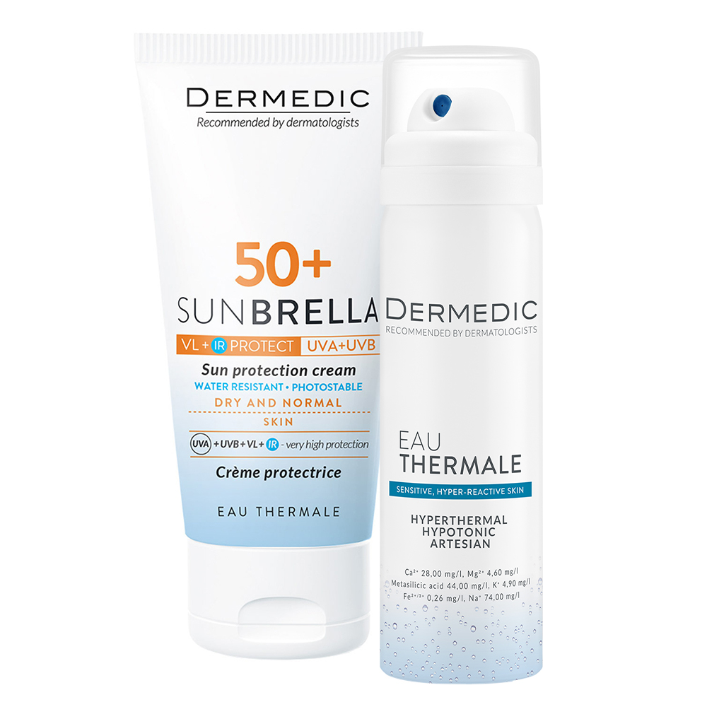 Набор Dermedic Sunbrella: солнцезащитный крем для лица SPF 50+ для сухой кожи 50 г и термальная вода 50 мл