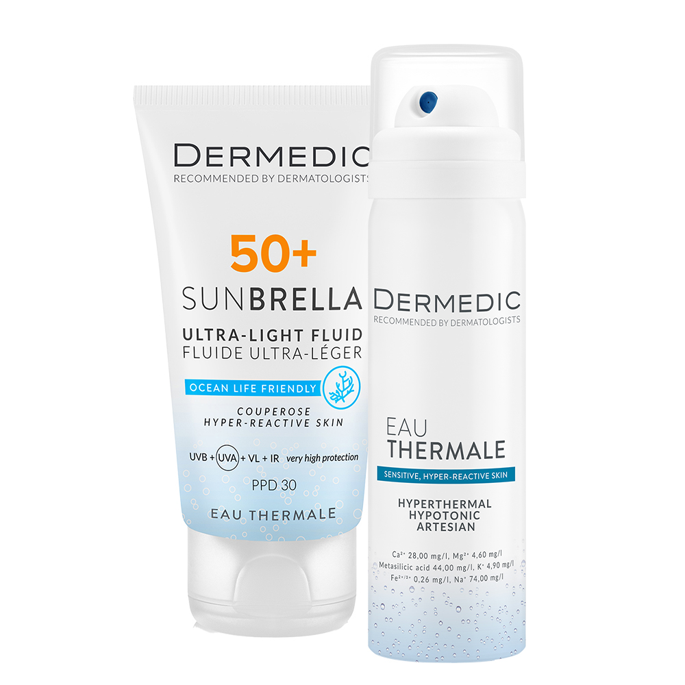 Набор Dermedic Sunbrella: солнцезащитный крем SPF 50+ для кожи с куперозом 40 мл и термальная вода 50 мл