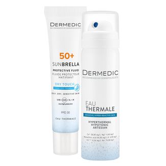 Zestaw Dermedic Sunbrella, matujący krem ochronny do twarzy, skóra tłusta i mieszana, SPF 50+, 40 ml + woda termalna, 50 ml - zdjęcie produktu