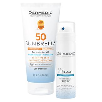 Zestaw Dermedic Sunbrella Baby, mleczko ochronne dla dzieci od 1 miesiąca, do twarzy i ciała, SPF 50, 100 ml + woda termalna, 50 ml - zdjęcie produktu