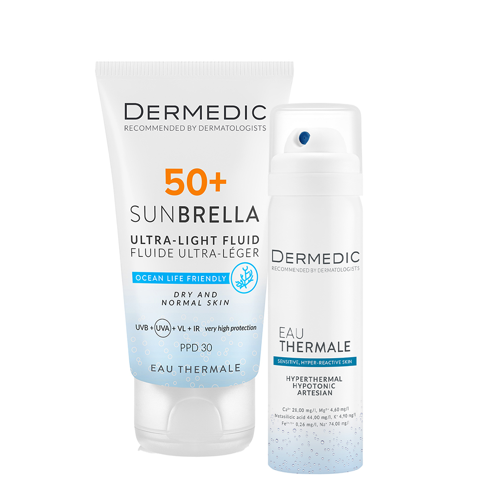 Набор Dermedic Sunbrella: ультралёгкий крем SPF 50+ для сухой и нормальной кожи 40 мл и термальная вода 50 мл