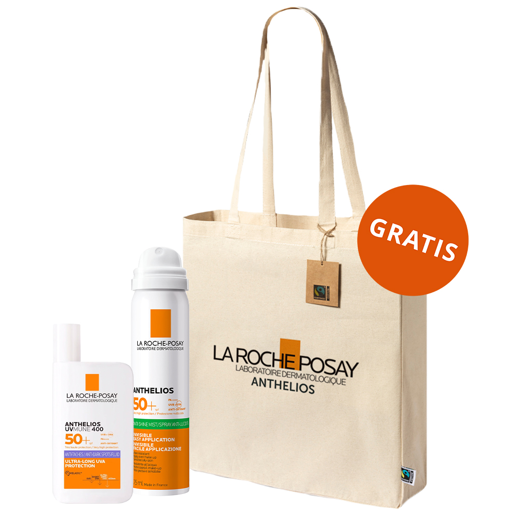 La Roche Posay Zestaw La Roche-Posay Anthelios UVMUNE400, fluid przeciw przebarwieniom z Melasyl, SPF 50+, 50 ml + mgiełka do twarzy, SPF 50, 75 ml + bawełniana torba gratis — Składniki i ocena