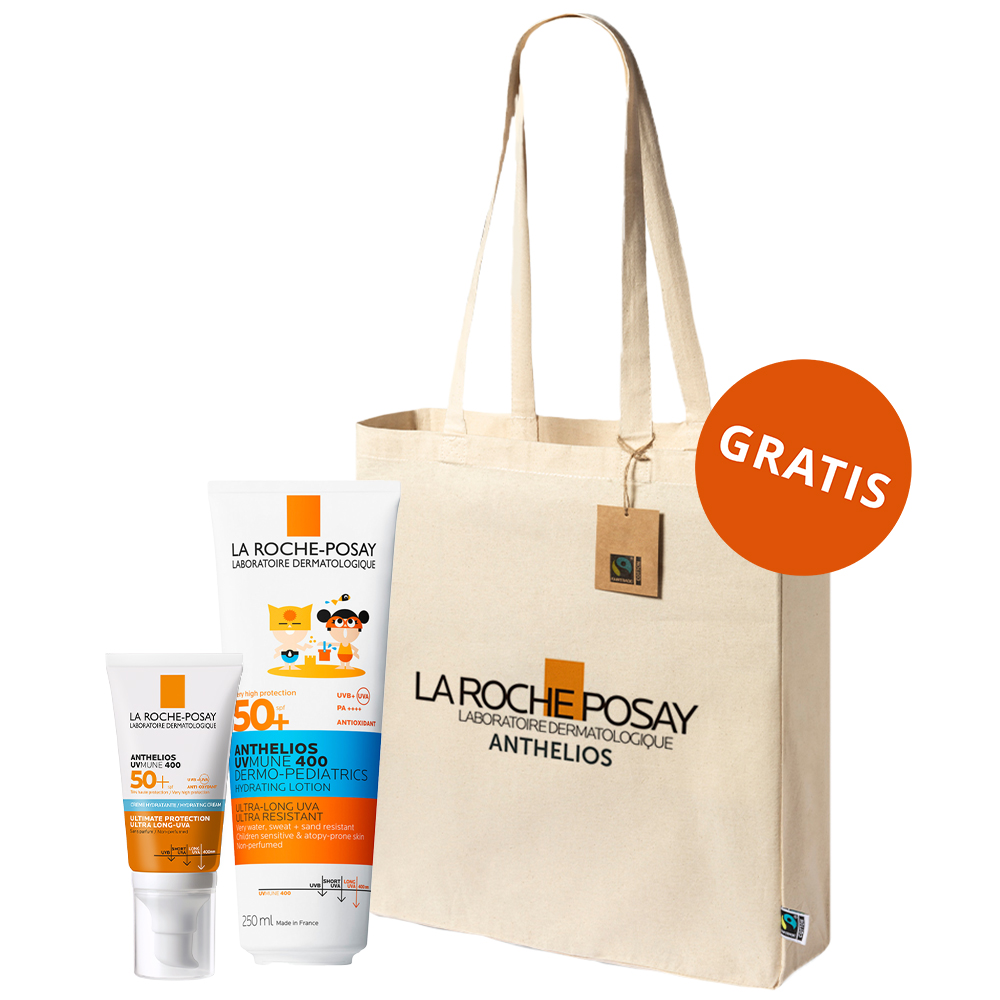 La Roche Posay Zestaw La Roche-Posay Anthelios UVMune 400, nawilżający krem ochronny do twarzy, SPF 50+, 50 ml + mleczko ochronne dla dzieci, SPF 50+, 250 ml + bawełniana torba gratis — Składniki i ocena