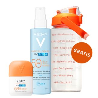 Zestaw Vichy Capital Soleil UV-Aqua, ochronny fluid nawilżający do twarzy, SPF 50, 50 ml + mgiełka do twarzy i ciała, SPF 50, 200 ml + butelka na wodę gratis - zdjęcie produktu