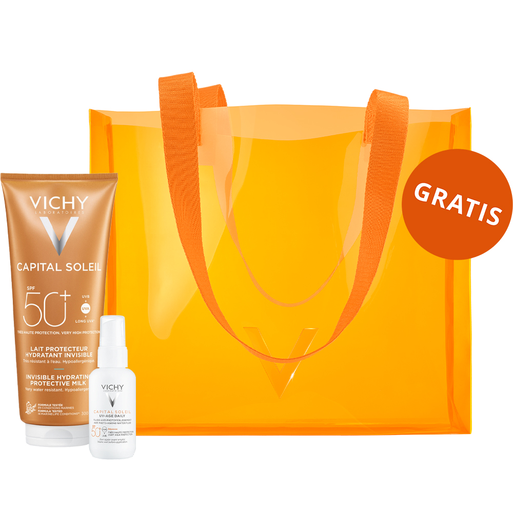 Vichy Zestaw Vichy Capital Soleil UV-Age Daily, lekki fluid przeciw oznakom fotostarzenia, SPF 50+, 40 ml + mleczko ochronne do twarzy i ciała, SPF 50+, 300 ml + torba gratis