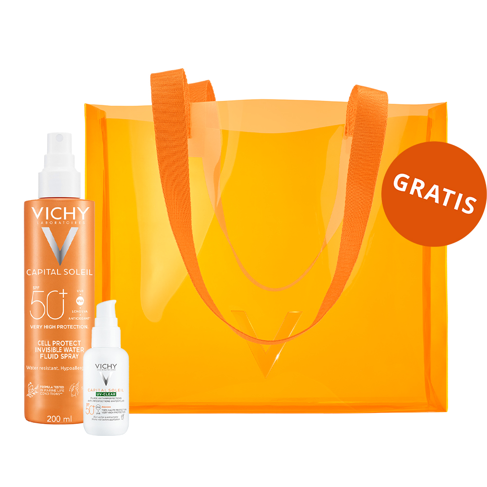 Vichy Zestaw Vichy Capital Soleil UV-Clear, fluid przeciw niedoskonałościom, SPF 50+, 40 ml + spray ochronny do twarzy i ciała, SPF 50+, 200 ml + torba gratis — Inhaltsstoffe und Bewertung
