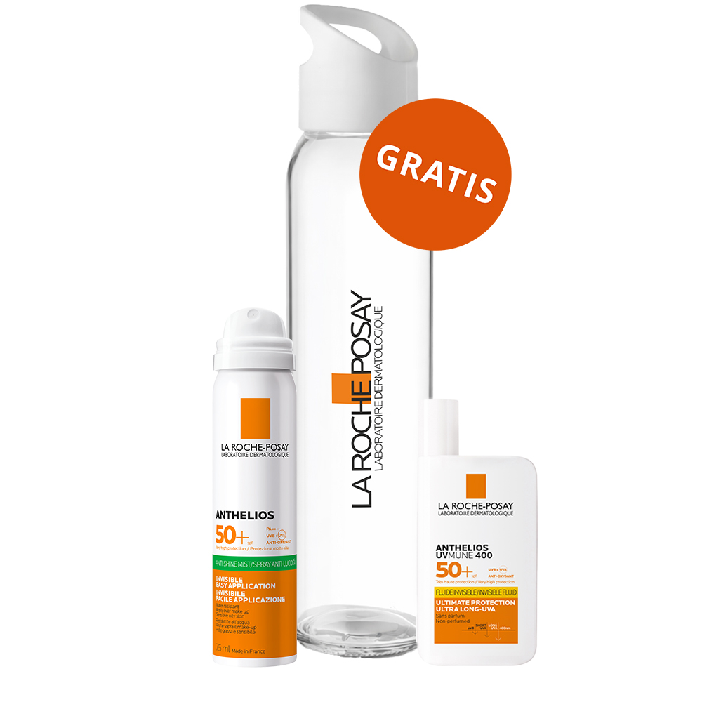 La Roche Posay Zestaw La Roche-Posay Anthelios UVMune 400, niewidoczny fluid ochronny, SPF 50+, 50 ml + mgiełka do twarzy przeciw błyszczeniu się skóry, SPF 50, 75 ml + szklana butelka gratis