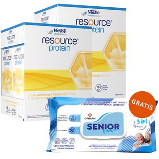 Zestaw Resource Protein, preparat odżywczy, smak waniliowy, 8 x 200 ml + Opharm Senior Hygienic 3w1, chusteczki nawilżane, 72 sztuki gratis - zdjęcie produktu