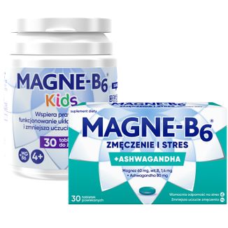 Zestaw Magne B6 Kids, od 4 lat, smak arbuzowy, 30 tabletek do żucia + Magne B6 Zmęczenie i Stres, 30 tabletek powlekanych - zdjęcie produktu
