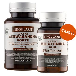 Singularis Superior Ashwagandha Forte 620 mg, 60 kapsułek wegańskich + Melatonina Plus, 30 kapsułek wegańskich gratis - zdjęcie produktu