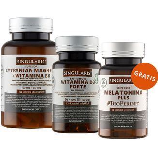 Zestaw Singularis Superior Cytrynian Magnezu + Witamina B6, 120 tabletek powlekanych + Witamina D3 Forte 4000 IU, 120 kapsułek + Melatonina Plus, 30 kapsułek gratis - zdjęcie produktu