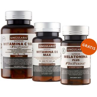 Zestaw Singularis Superior, Witamina C 1000 + Bioperine, 120 kapsułek + Witamina D3 Max, 60 tabletek + Melatonina Plus, 30 kapsułek gratis - zdjęcie produktu