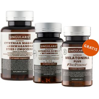 Zestaw Singularis Witamina K2 MK7 + Witamina D3, 120 kapsułek + Cytrynian Magnezu 100 mg + Ashwagandha 80 mg + B6 + BioPerine, 60 kapsułek + Melatonina Plus, 30 kapsułek gratis - zdjęcie produktu
