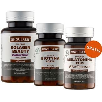 Zestaw Singularis Superior Kolagen Beauty Collactive + Witamina C, 60 kapsułek + Biotyna Forte 5000 µg, 60 kapsułek wegańskich + Melatonina Plus, 30 kapsułek gratis - zdjęcie produktu