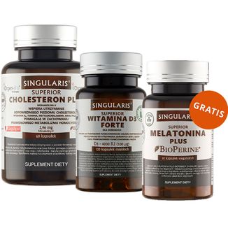 Zestaw Singularis Superior Witamina D3 Forte 4000 IU, 120 kapsułek + Cholesteron Plus, 60 kapsułek + Melatonina Plus, 30 kapsułek gratis - zdjęcie produktu