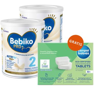 Zestaw Bebiko Pro+ 2 Nutriflor Pro+, mleko następne, powyżej 6 miesiąca, 2 x 700 g + Canpol Babies, ekocertyfikowane tabletki do zmywarki, 30 sztuk gratis - zdjęcie produktu