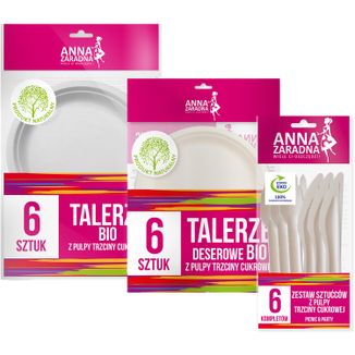 Zestaw Anna Zaradna, talerze z trzciny cukrowej, 6 sztuk + zestaw sztućców, 6 kompletów + talerze deserowe, 6 sztuk - zdjęcie produktu