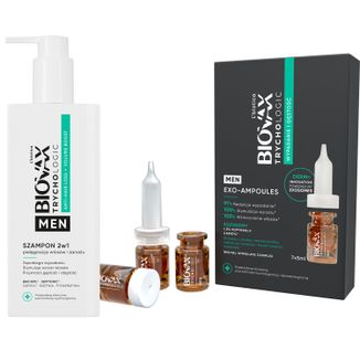 Zestaw L'Biotica Biovax Trychologic Wypadanie i Gęstość Exo-Ampoules, kuracja dla mężczyzn, 7 x 5 ml + szampon 2w1 do włosów i zarostu dla mężczyzn, 200 ml - zdjęcie produktu