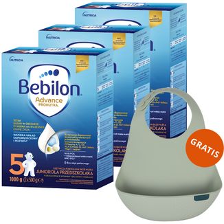 Zestaw Bebilon Advance Pronutra 5 Junior, odżywcza formuła na bazie mleka, dla przedszkolaka, 3 x 1000 g + śliniak silikonowy z kieszonką gratis - zdjęcie produktu