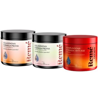 Zestaw Reme Kolagenowa Formuła Piękna, smak pomarańcza-marakuja, 150 g + smak truskawka-opuncja figowa, 150 g + Renew Kompleksowa Formuła Anti-Age, proszek, 150 g - zdjęcie produktu