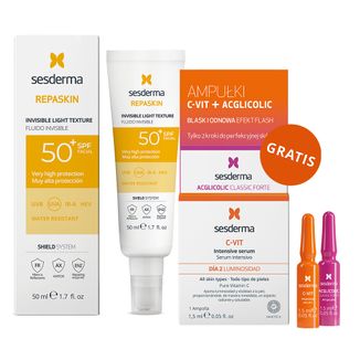 Sesderma Repaskin Fluido Invisible, krem przeciwsłoneczny do twarzy, SPF 50+, 50 ml + Efekt Flash, Acglicolic Classic Forte + C-Vit Intensive Serum, 2 x 1,5 ml gratis - zdjęcie produktu