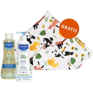 Zestaw Mustela Bebe Enfant, delikatny szampon dla dzieci, od urodzenia, skóra normalna, 500 ml + żel do mycia ciała i włosów, od 1 dnia życia, 500 ml + pieluszka bambusowa gratis - zdjęcie produktu