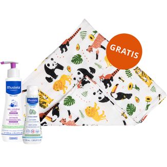 Zestaw Mustela Bebe Enfant Hydra Bebe, mleczko do ciała, od urodzenia, 100 ml + żel do higieny intymnej dla dzieci i niemowląt, od urodzenia, 200 ml + pieluszka bambusowa gratis - zdjęcie produktu