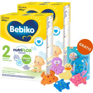 Zestaw Bebiko 2 Nutriflor Expert, mleko następne, powyżej 6 miesiąca, 2 x 600 g + Canpol Babies, zestaw zabawek do kąpieli z przyssawkami, od urodzenia, 5 sztuk gratis - zdjęcie produktu