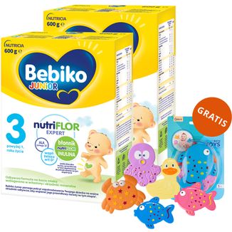 Zestaw Bebiko Junior 3 Nutriflor Expert, odżywcza formuła na bazie mleka, powyżej 1 roku, 2 x 600 g + Canpol Babies, zestaw zabawek do kąpieli z przyssawkami, 5 sztuk gratis - zdjęcie produktu