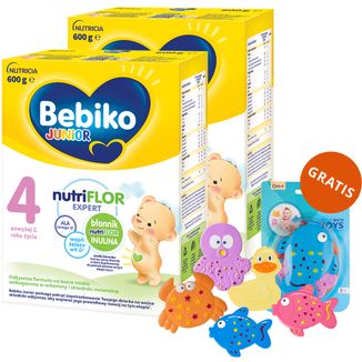 Zestaw Bebiko Junior 4 Nutriflor Expert, odżywcza formuła na bazie mleka, powyżej 2 roku, 2 x 600 g + Canpol Babies, zestaw zabawek do kąpieli z przyssawkami, 5 sztuk gratis - zdjęcie produktu
