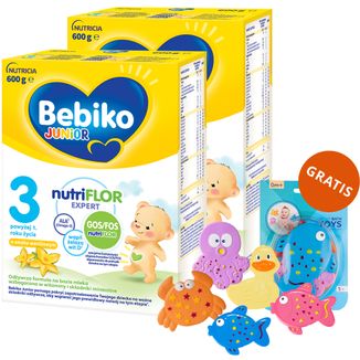 Zestaw Bebiko Junior 3 Nutriflor Expert, odżywcza formuła na bazie mleka, powyżej 1 roku, smak waniliowy, 2 x 600 g + Canpol Babies, zestaw zabawek do kąpieli, 5 sztuk gratis - zdjęcie produktu