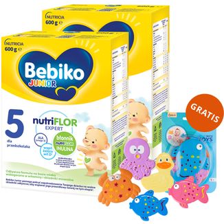 Zestaw Bebiko Junior 5 Nutriflor Expert, odżywcza formuła na bazie mleka, dla przedszkolaka, 2 x 600 g + Canpol Babies, zestaw zabawek do kąpieli z przyssawkami, 5 sztuk gratis - zdjęcie produktu