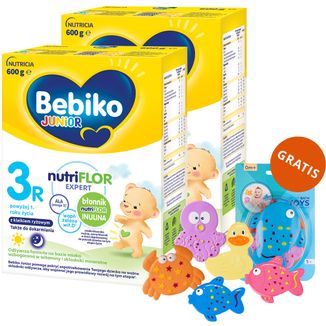 Zestaw Bebiko Junior 3R Nutriflor Expert, odżywcza formuła na bazie mleka z kleikiem ryżowym, powyżej 1 roku, 2 x 600 g + Canpol Babies, zestaw zabawek do kąpieli, 5 sztuk gratis - zdjęcie produktu